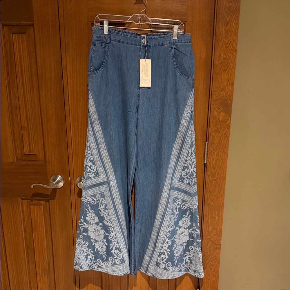 Blue Velvet Embroidered Wide-Leg Jeans